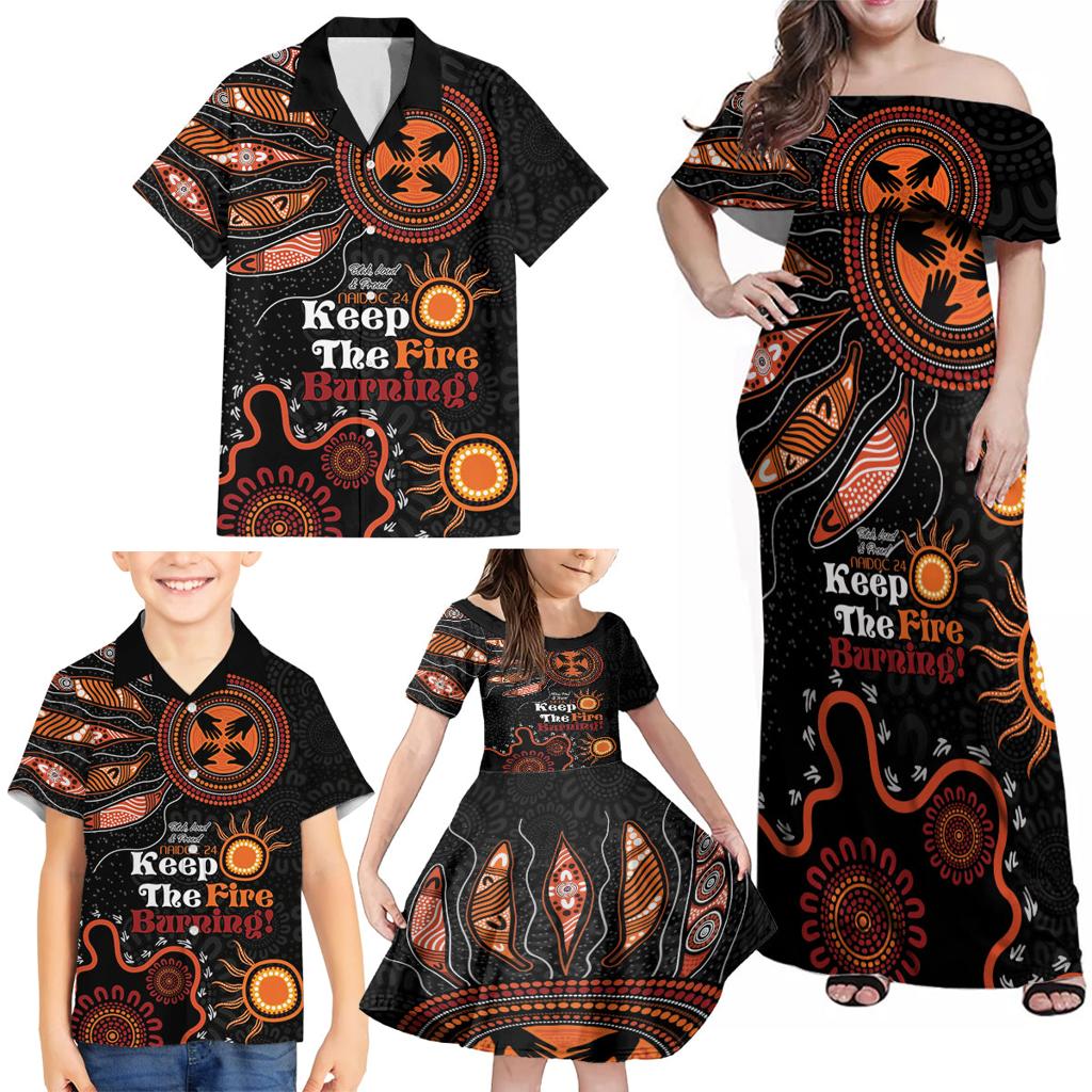 Australia NAIDOC 2024 Family Matching Off Shoulder Maxi Dress and Hawaiian Shirt Keep the Fire Burning Aboriginal Art