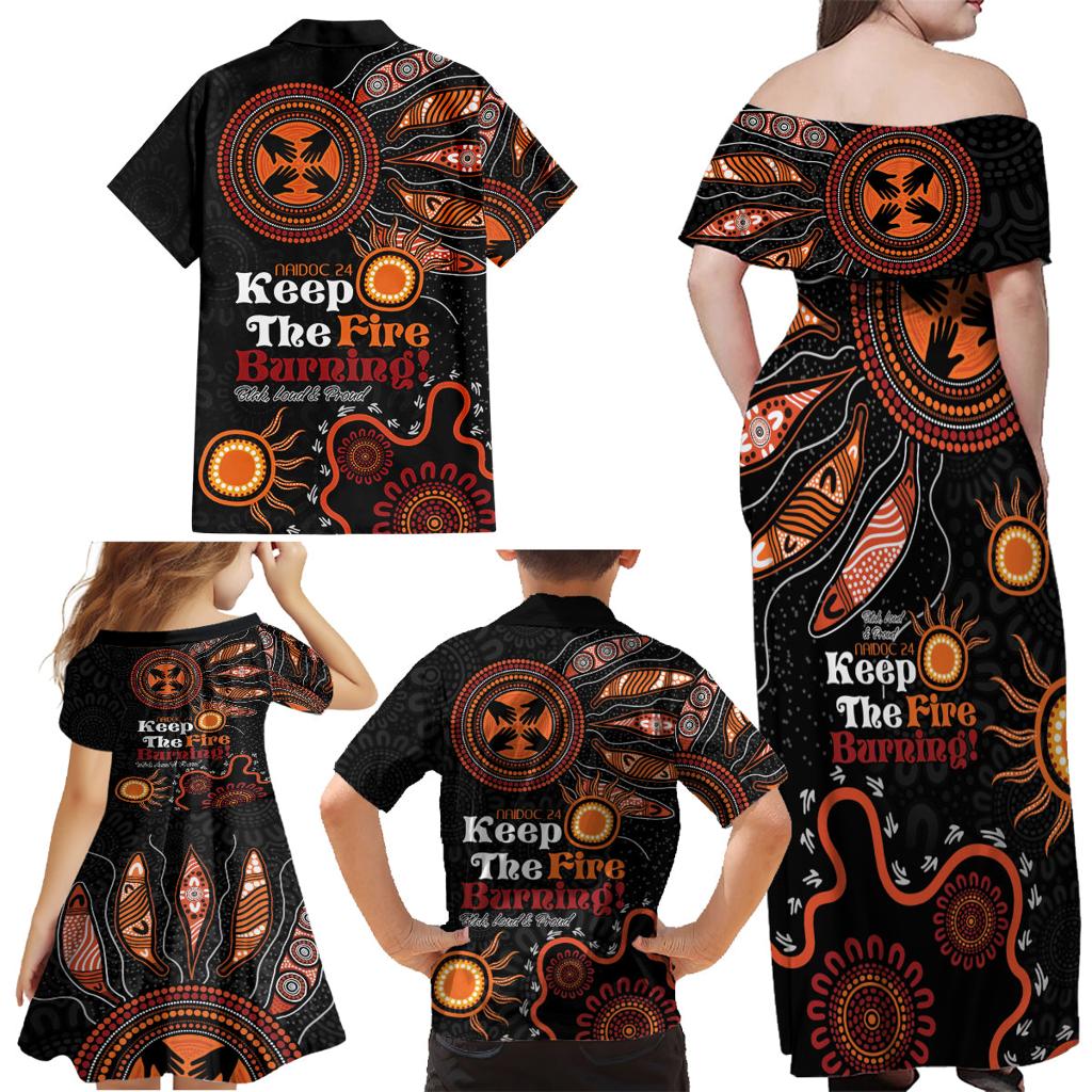 Australia NAIDOC 2024 Family Matching Off Shoulder Maxi Dress and Hawaiian Shirt Keep the Fire Burning Aboriginal Art