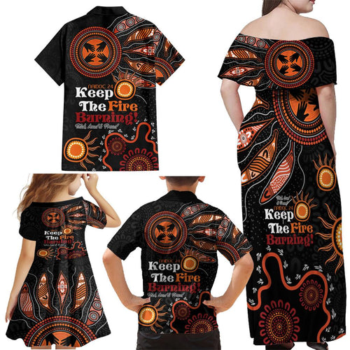 Australia NAIDOC 2024 Family Matching Off Shoulder Maxi Dress and Hawaiian Shirt Keep the Fire Burning Aboriginal Art