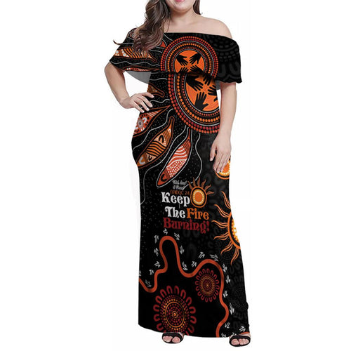 Australia NAIDOC 2024 Family Matching Off Shoulder Maxi Dress and Hawaiian Shirt Keep the Fire Burning Aboriginal Art