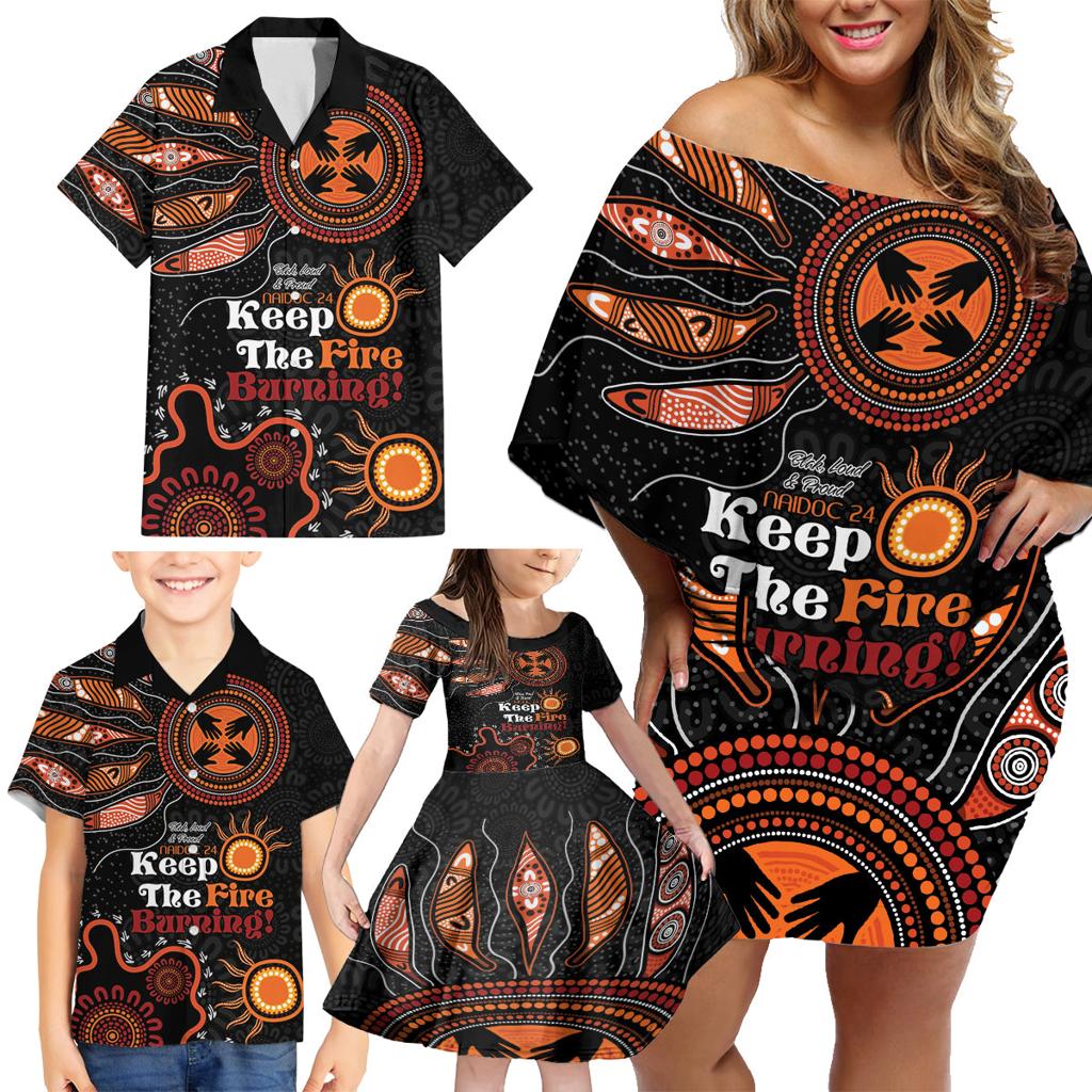 Australia NAIDOC 2024 Family Matching Off Shoulder Short Dress and Hawaiian Shirt Keep the Fire Burning Aboriginal Art