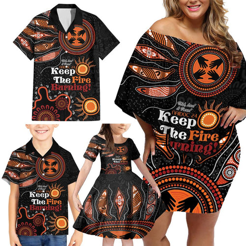 Australia NAIDOC 2024 Family Matching Off Shoulder Short Dress and Hawaiian Shirt Keep the Fire Burning Aboriginal Art