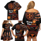 Australia NAIDOC 2024 Family Matching Off Shoulder Short Dress and Hawaiian Shirt Keep the Fire Burning Aboriginal Art