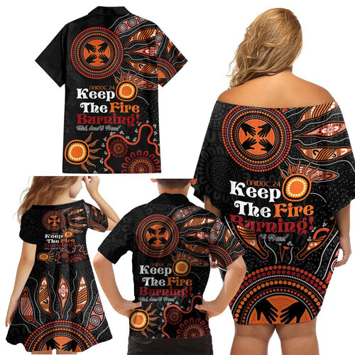 Australia NAIDOC 2024 Family Matching Off Shoulder Short Dress and Hawaiian Shirt Keep the Fire Burning Aboriginal Art
