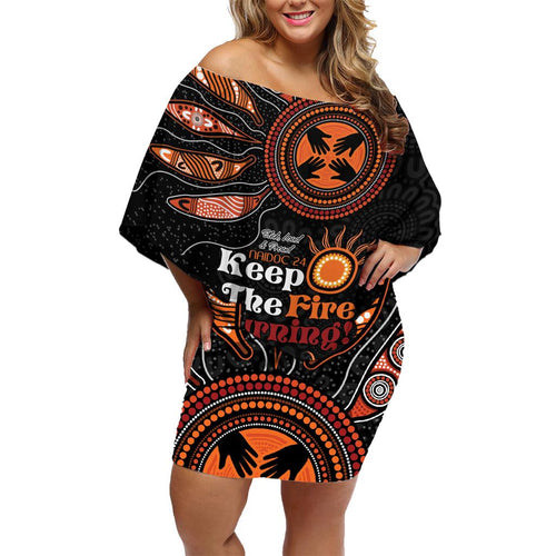 Australia NAIDOC 2024 Family Matching Off Shoulder Short Dress and Hawaiian Shirt Keep the Fire Burning Aboriginal Art