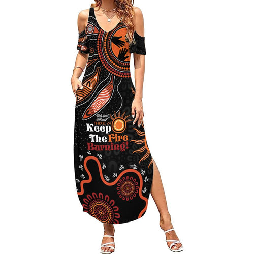 Australia NAIDOC 2024 Family Matching Summer Maxi Dress and Hawaiian Shirt Keep the Fire Burning Aboriginal Art