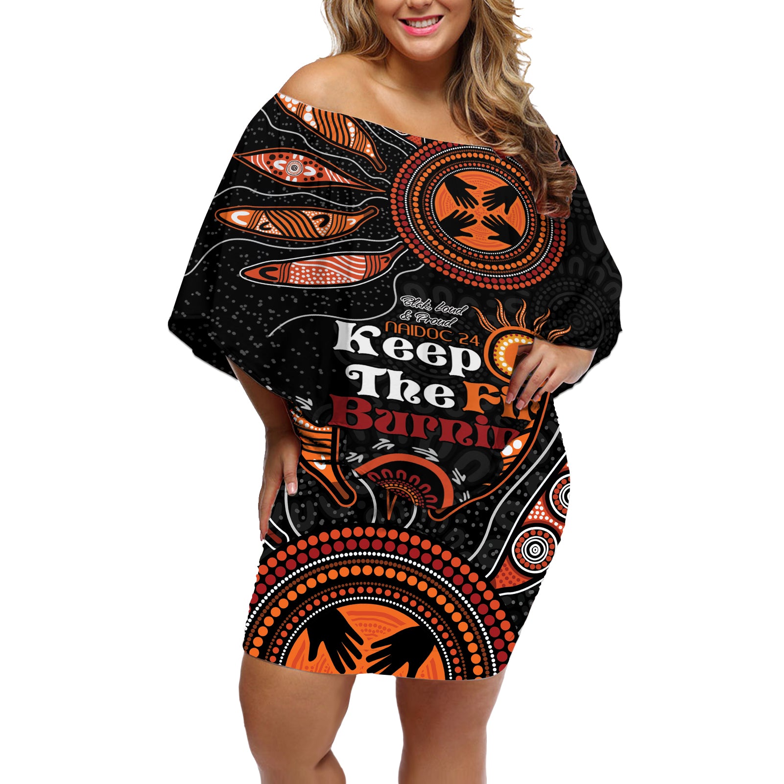 Australia NAIDOC 2024 Off Shoulder Short Dress Keep the Fire Burning Aboriginal Art