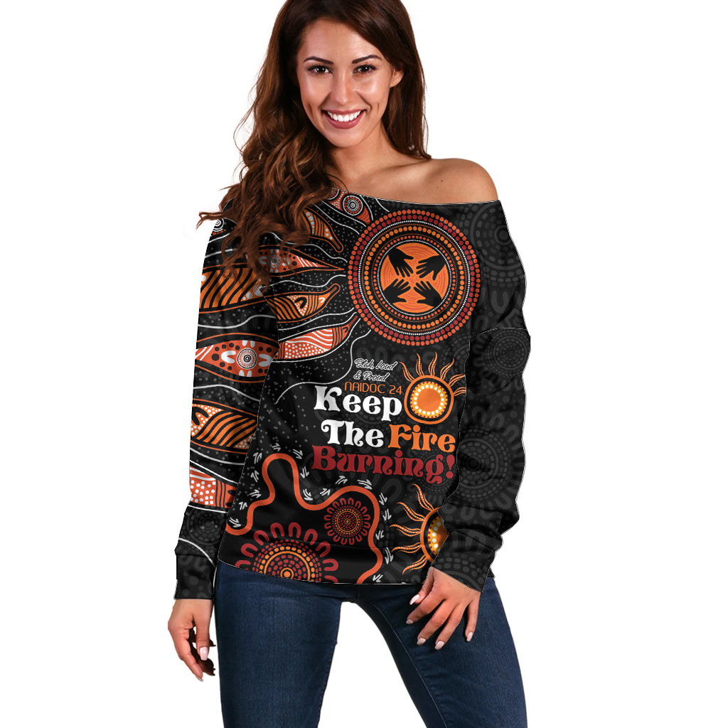 Australia NAIDOC 2024 Off Shoulder Sweater Keep the Fire Burning Aboriginal Art