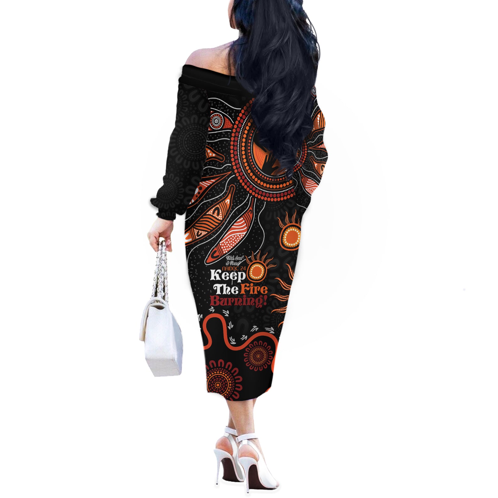 Australia NAIDOC 2024 Off The Shoulder Long Sleeve Dress Keep the Fire Burning Aboriginal Art