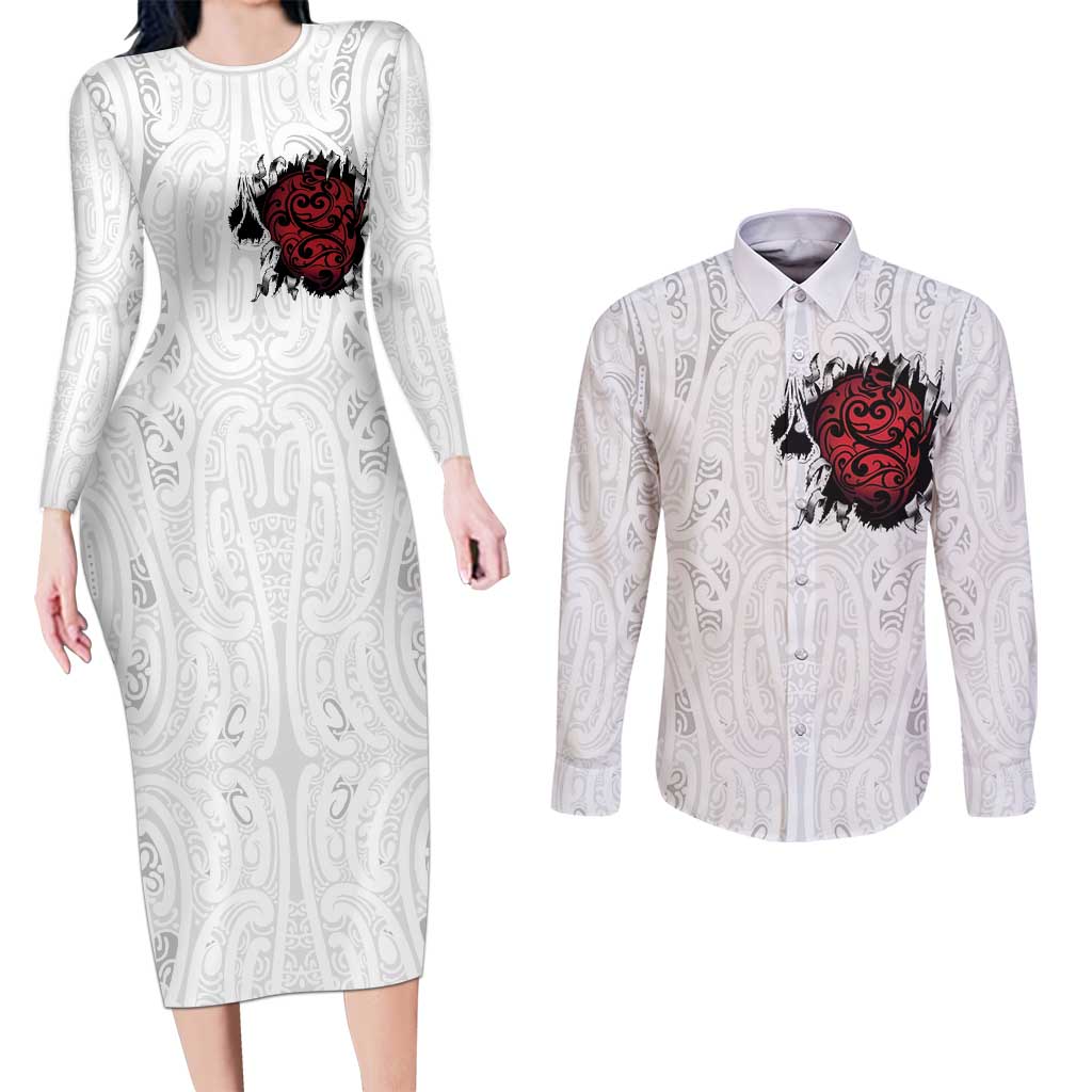 New Zealand Maori Heart Tribal Personalised Couples Matching Long Sleeve Bodycon Dress and Long Sleeve Button Shirt Polynesian Patterns