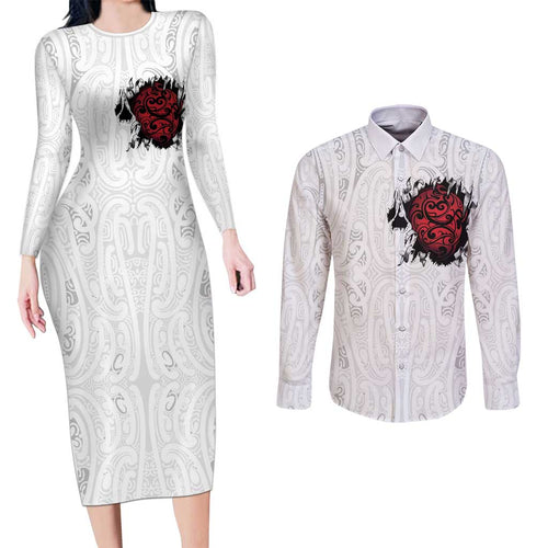 New Zealand Maori Heart Tribal Personalised Couples Matching Long Sleeve Bodycon Dress and Long Sleeve Button Shirt Polynesian Patterns