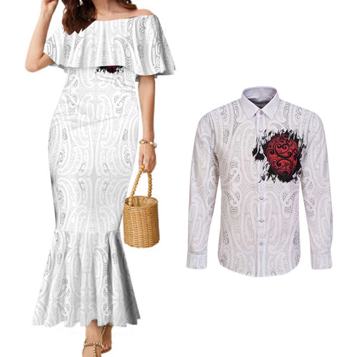 New Zealand Maori Heart Tribal Personalised Couples Matching Mermaid Dress and Long Sleeve Button Shirt Polynesian Patterns
