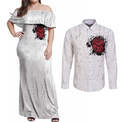 New Zealand Maori Heart Tribal Personalised Couples Matching Off Shoulder Maxi Dress and Long Sleeve Button Shirt Polynesian Patterns