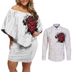 New Zealand Maori Heart Tribal Personalised Couples Matching Off Shoulder Short Dress and Long Sleeve Button Shirt Polynesian Patterns