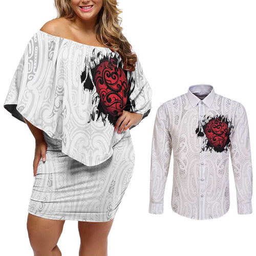New Zealand Maori Heart Tribal Personalised Couples Matching Off Shoulder Short Dress and Long Sleeve Button Shirt Polynesian Patterns