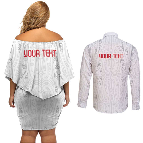 New Zealand Maori Heart Tribal Personalised Couples Matching Off Shoulder Short Dress and Long Sleeve Button Shirt Polynesian Patterns