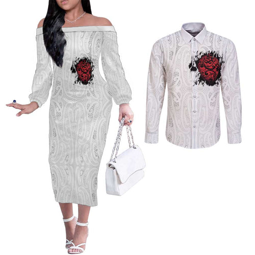 New Zealand Maori Heart Tribal Personalised Couples Matching Off The Shoulder Long Sleeve Dress and Long Sleeve Button Shirt Polynesian Patterns