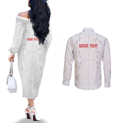 New Zealand Maori Heart Tribal Personalised Couples Matching Off The Shoulder Long Sleeve Dress and Long Sleeve Button Shirt Polynesian Patterns