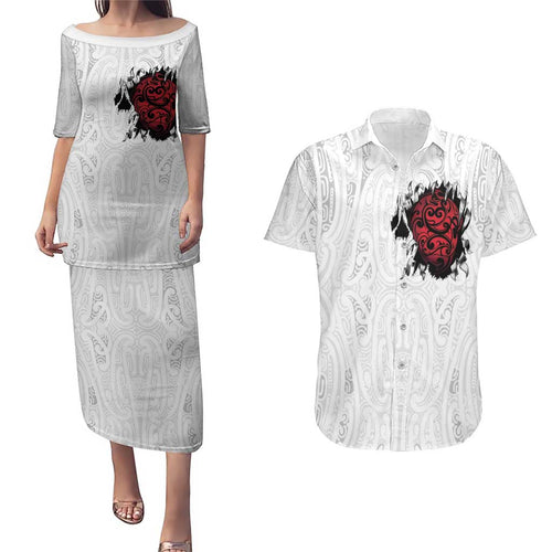 New Zealand Maori Heart Tribal Personalised Couples Matching Puletasi and Hawaiian Shirt Polynesian Patterns
