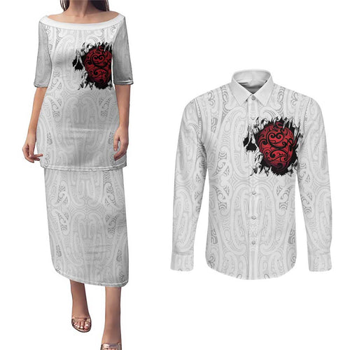 New Zealand Maori Heart Tribal Personalised Couples Matching Puletasi and Long Sleeve Button Shirt Polynesian Patterns