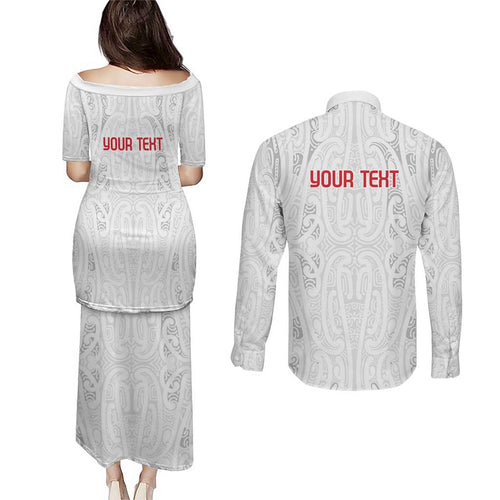New Zealand Maori Heart Tribal Personalised Couples Matching Puletasi and Long Sleeve Button Shirt Polynesian Patterns