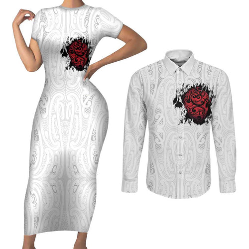 New Zealand Maori Heart Tribal Personalised Couples Matching Short Sleeve Bodycon Dress and Long Sleeve Button Shirt Polynesian Patterns