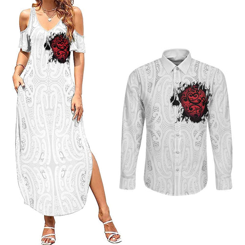New Zealand Maori Heart Tribal Personalised Couples Matching Summer Maxi Dress and Long Sleeve Button Shirt Polynesian Patterns
