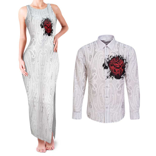 New Zealand Maori Heart Tribal Personalised Couples Matching Tank Maxi Dress and Long Sleeve Button Shirt Polynesian Patterns