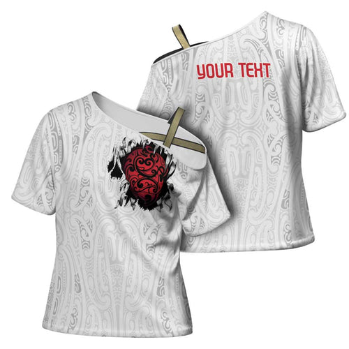 New Zealand Maori Heart Tribal Personalised Cross Shoulder Shirt Polynesian Patterns