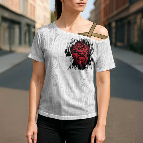New Zealand Maori Heart Tribal Personalised Cross Shoulder Shirt Polynesian Patterns
