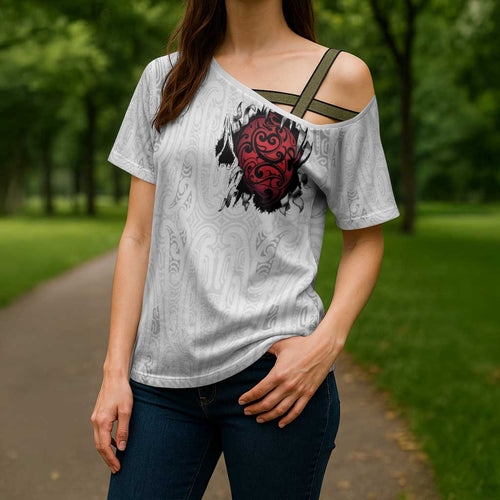 New Zealand Maori Heart Tribal Personalised Cross Shoulder Shirt Polynesian Patterns