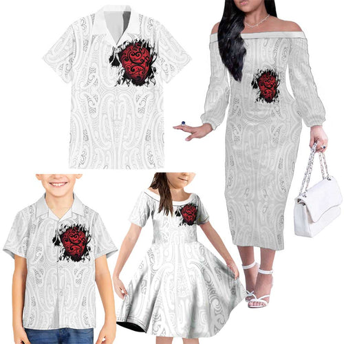 New Zealand Maori Heart Tribal Personalised Family Matching Off The Shoulder Long Sleeve Dress and Hawaiian Shirt Polynesian Patterns