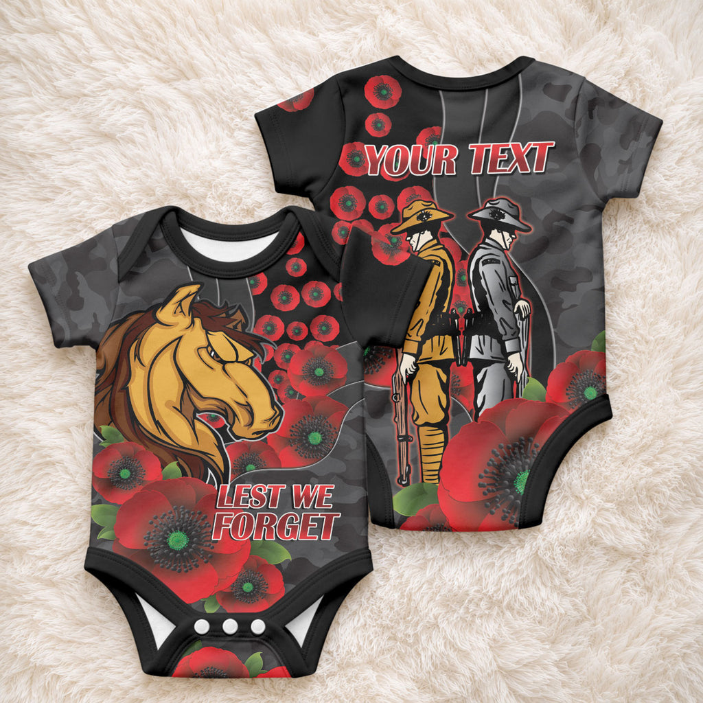 Brisbane Broncos ANZAC Personalised Baby Onesie Lest We Forget Poppy Camo
