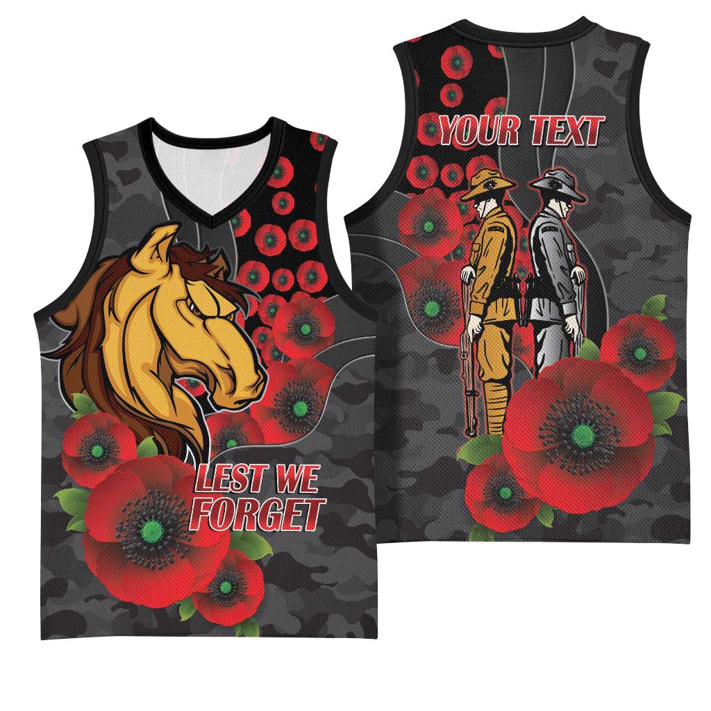 Brisbane Broncos ANZAC Personalised Basketball Jersey Lest We Forget Poppy Camo