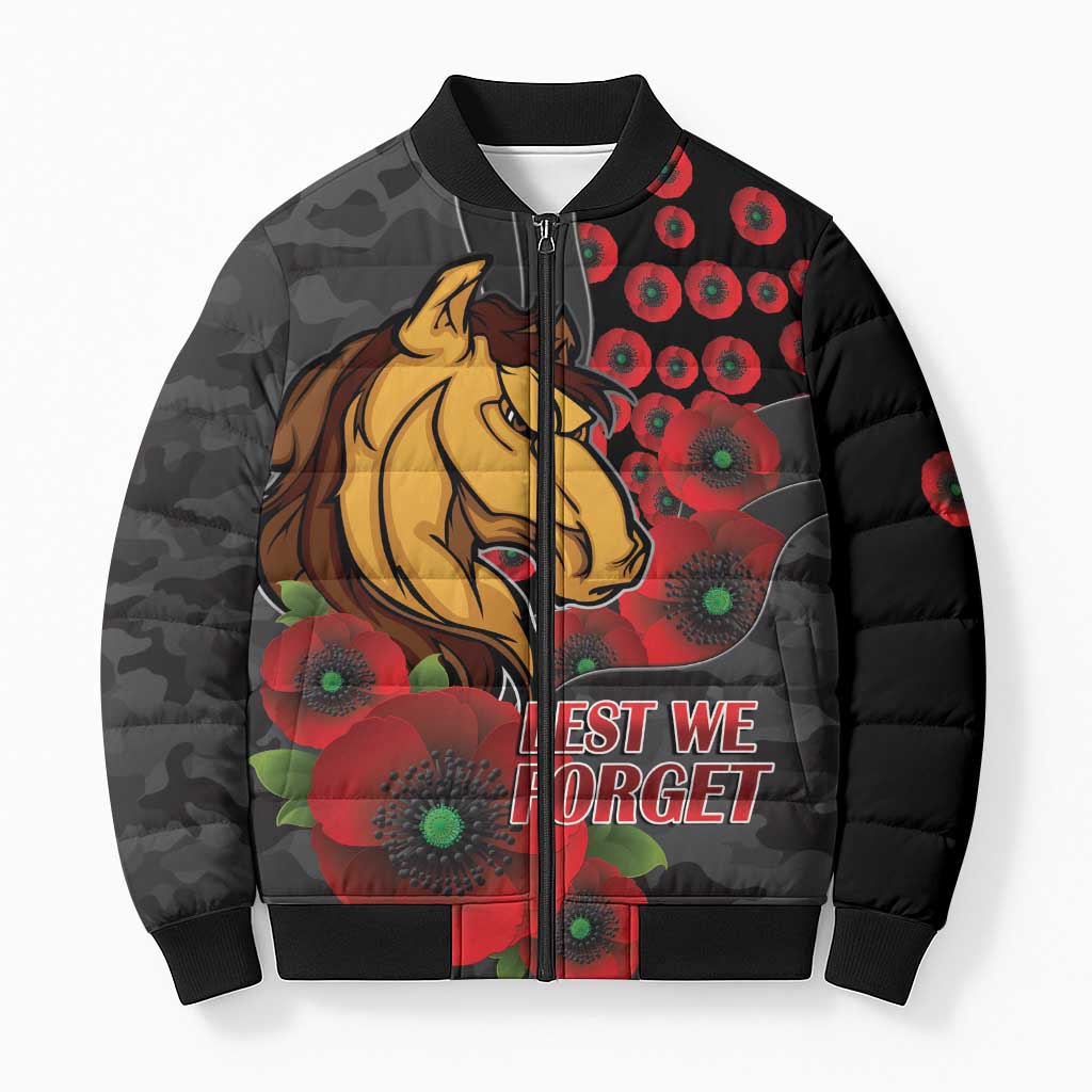 Brisbane Broncos ANZAC Personalised Bomber Puffer Jacket Lest We Forget Poppy Camo