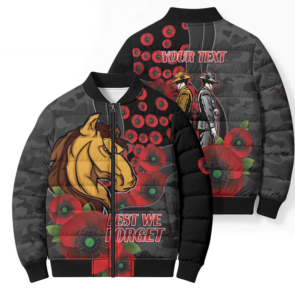 Brisbane Broncos ANZAC Personalised Bomber Puffer Jacket Lest We Forget Poppy Camo