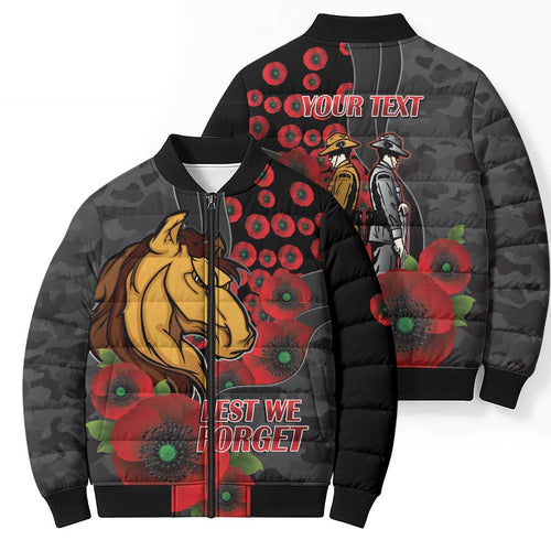 Brisbane Broncos ANZAC Personalised Bomber Puffer Jacket Lest We Forget Poppy Camo