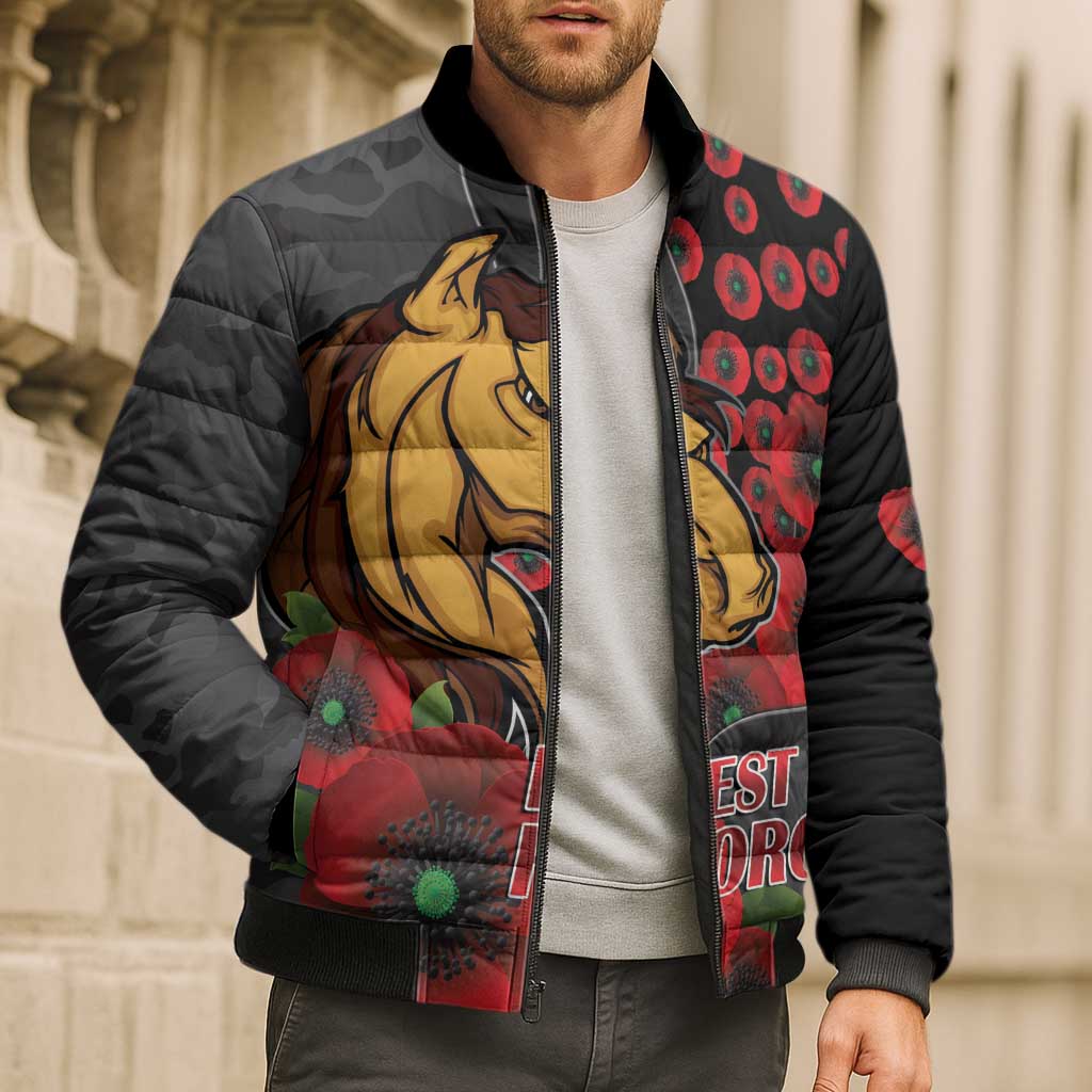 Brisbane Broncos ANZAC Personalised Bomber Puffer Jacket Lest We Forget Poppy Camo