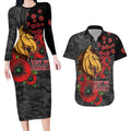 Brisbane Broncos ANZAC Personalised Couples Matching Long Sleeve Bodycon Dress and Hawaiian Shirt Lest We Forget Poppy Camo