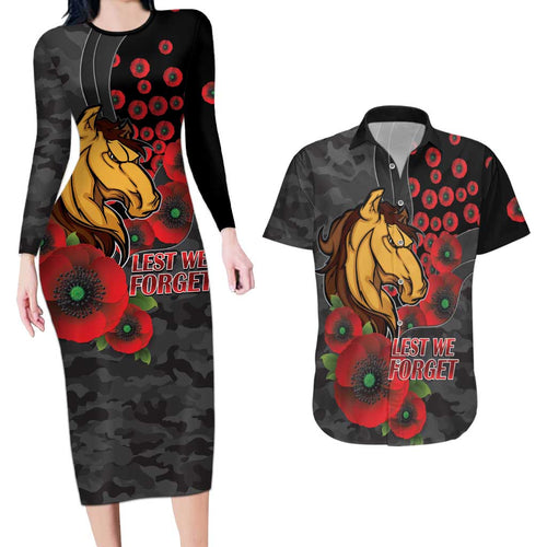 Brisbane Broncos ANZAC Personalised Couples Matching Long Sleeve Bodycon Dress and Hawaiian Shirt Lest We Forget Poppy Camo