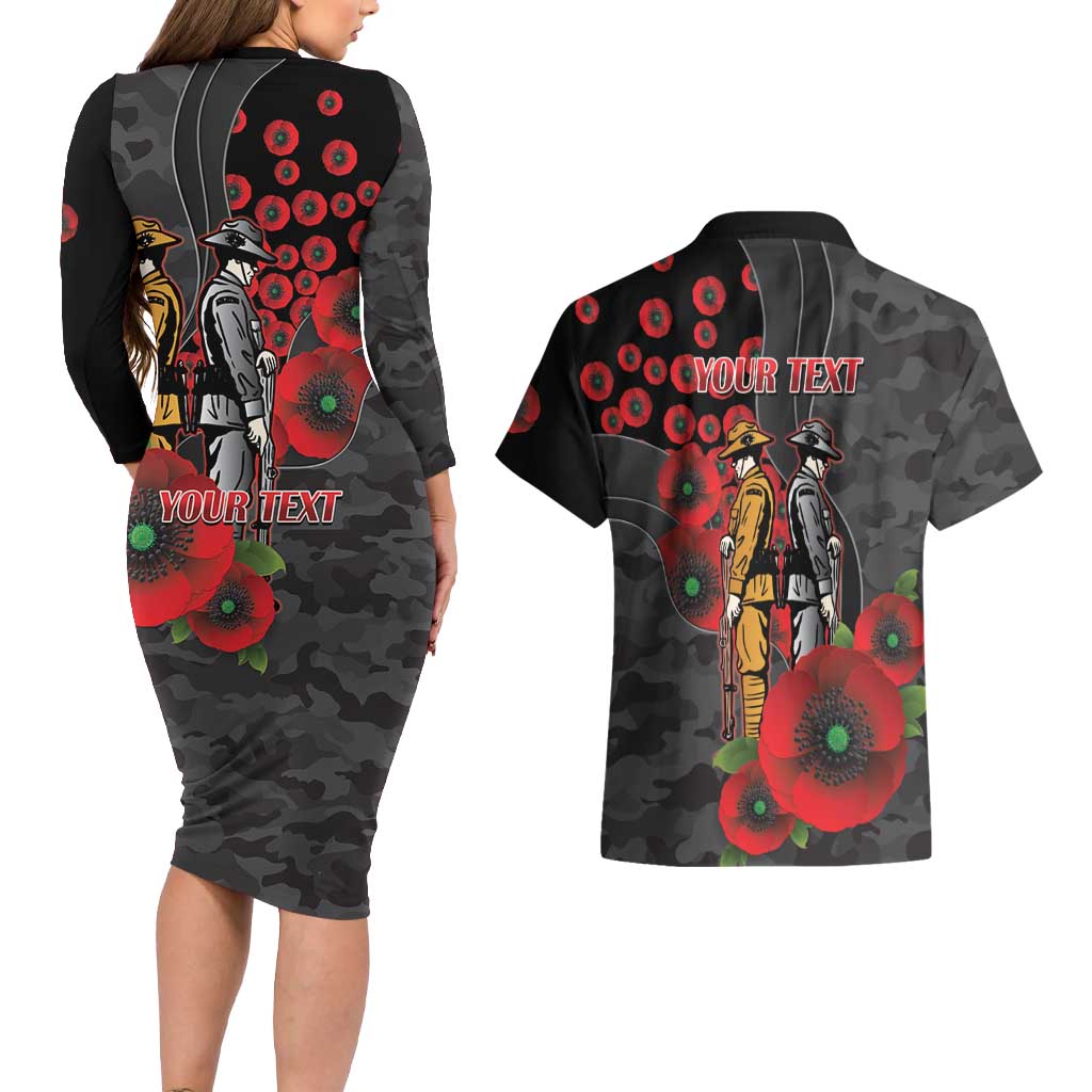 Brisbane Broncos ANZAC Personalised Couples Matching Long Sleeve Bodycon Dress and Hawaiian Shirt Lest We Forget Poppy Camo