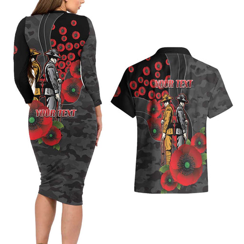 Brisbane Broncos ANZAC Personalised Couples Matching Long Sleeve Bodycon Dress and Hawaiian Shirt Lest We Forget Poppy Camo