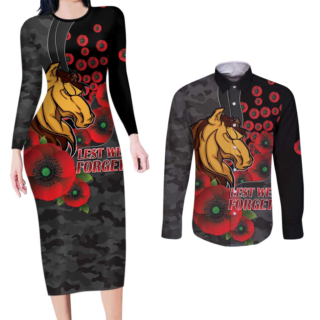Brisbane Broncos ANZAC Personalised Couples Matching Long Sleeve Bodycon Dress and Long Sleeve Button Shirt Lest We Forget Poppy Camo