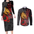 Brisbane Broncos ANZAC Personalised Couples Matching Long Sleeve Bodycon Dress and Long Sleeve Button Shirt Lest We Forget Poppy Camo