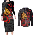 Brisbane Broncos ANZAC Personalised Couples Matching Long Sleeve Bodycon Dress and Long Sleeve Button Shirt Lest We Forget Poppy Camo