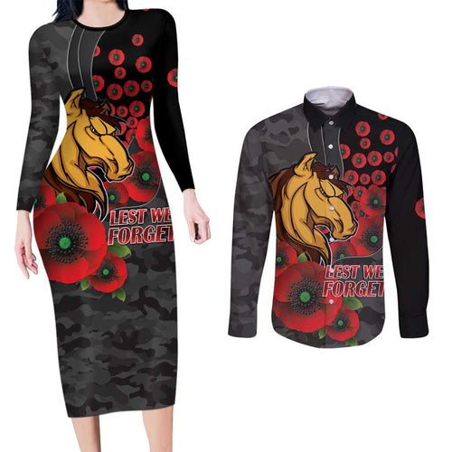 Brisbane Broncos ANZAC Personalised Couples Matching Long Sleeve Bodycon Dress and Long Sleeve Button Shirt Lest We Forget Poppy Camo