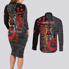 Brisbane Broncos ANZAC Personalised Couples Matching Long Sleeve Bodycon Dress and Long Sleeve Button Shirt Lest We Forget Poppy Camo