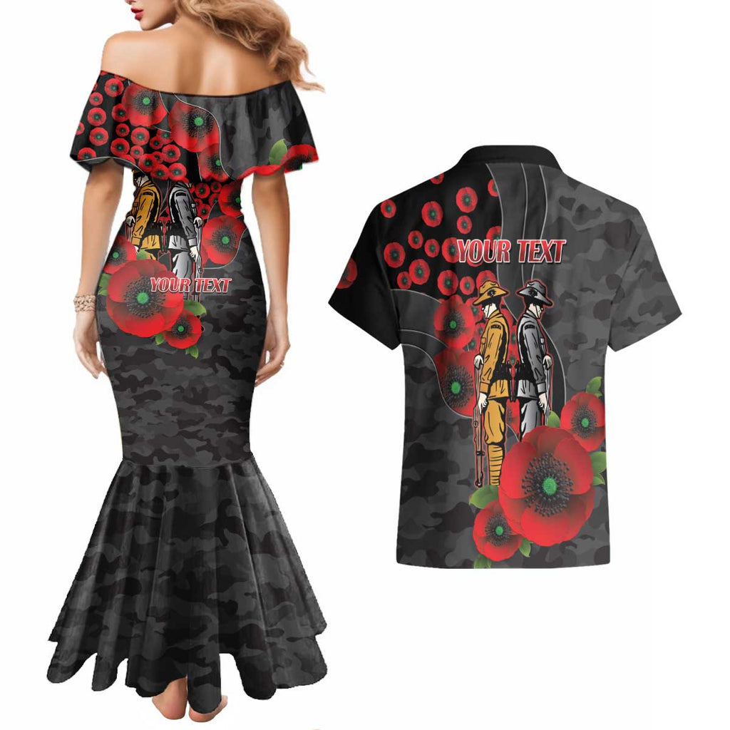 Brisbane Broncos ANZAC Personalised Couples Matching Mermaid Dress and Hawaiian Shirt Lest We Forget Poppy Camo