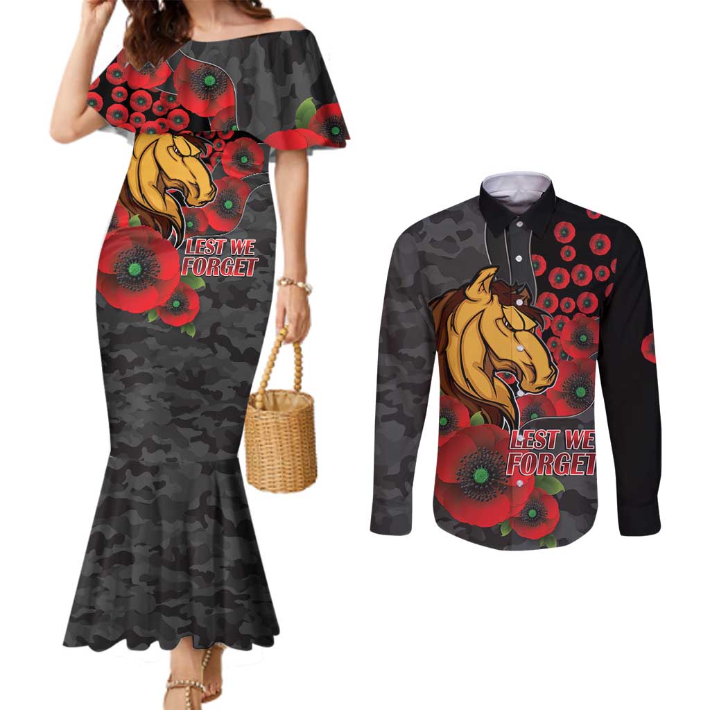 Brisbane Broncos ANZAC Personalised Couples Matching Mermaid Dress and Long Sleeve Button Shirt Lest We Forget Poppy Camo