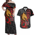 Brisbane Broncos ANZAC Personalised Couples Matching Off Shoulder Maxi Dress and Hawaiian Shirt Lest We Forget Poppy Camo